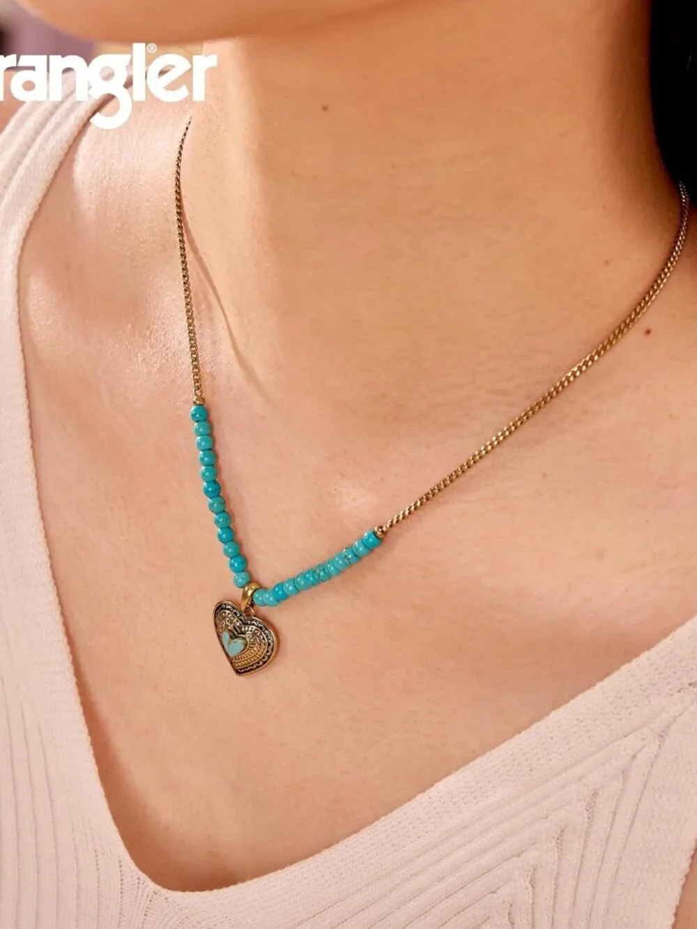 Women's Turquoise Western Gold Plated Wrangler Heart Turquoise Pendant Necklace